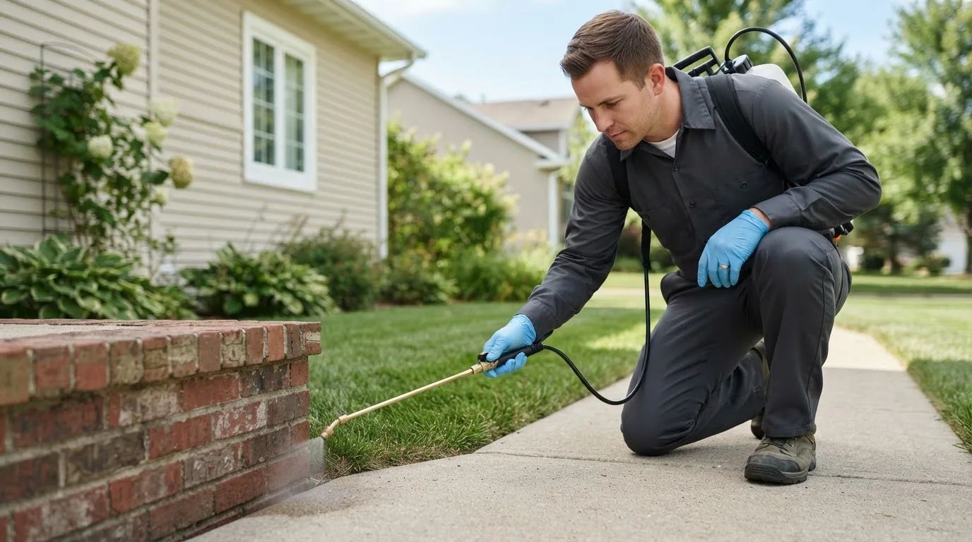 Pest control technician treating a home near Brewster, OH
